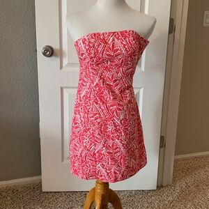 Lilly Pulitzer Bright Pink & White Print Strapless Back Tie Franco Dress Size 2